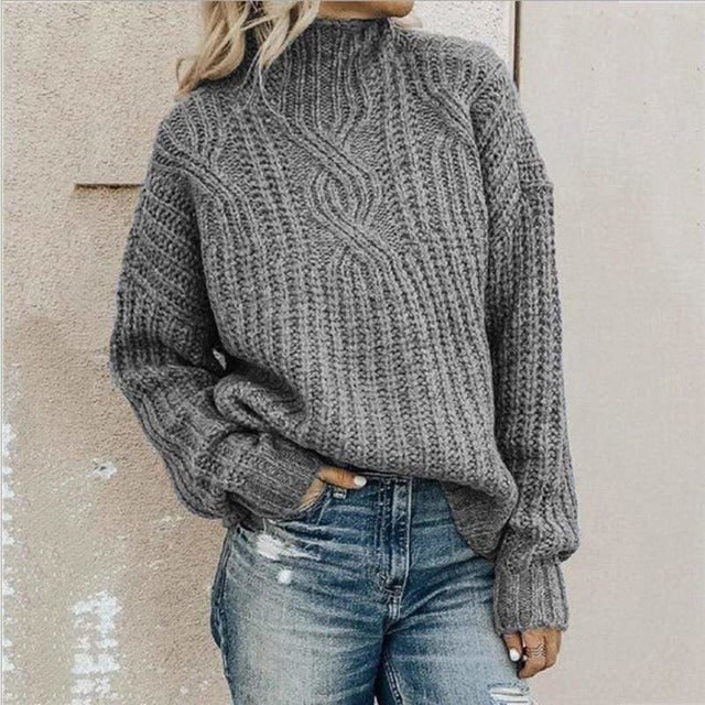 Women's Oversized Cable Knit Sweater with Mock Neck and Drop Shoulder - Image 1