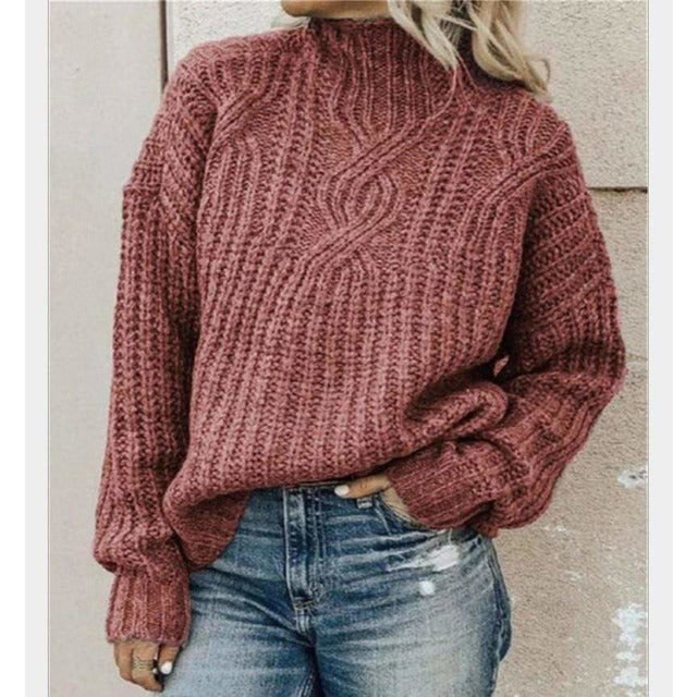 Women's Oversized Cable Knit Sweater with Mock Neck and Drop Shoulder - Image 2