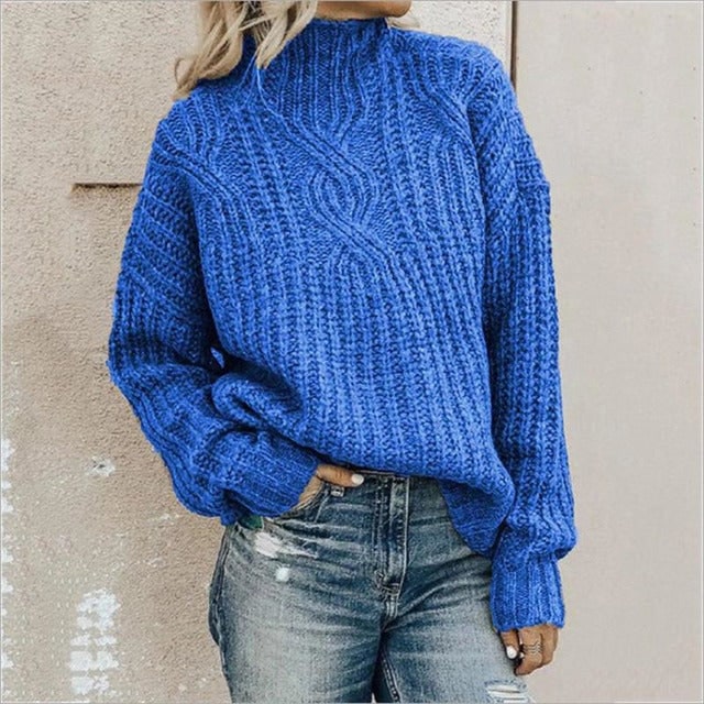 Women's Oversized Cable Knit Sweater with Mock Neck and Drop Shoulder - Image 3