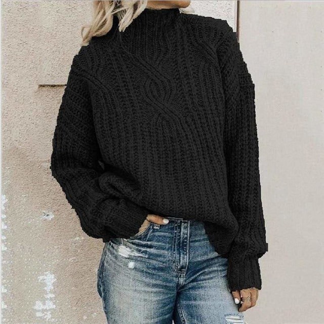 Women's Oversized Cable Knit Sweater with Mock Neck and Drop Shoulder - Image 4