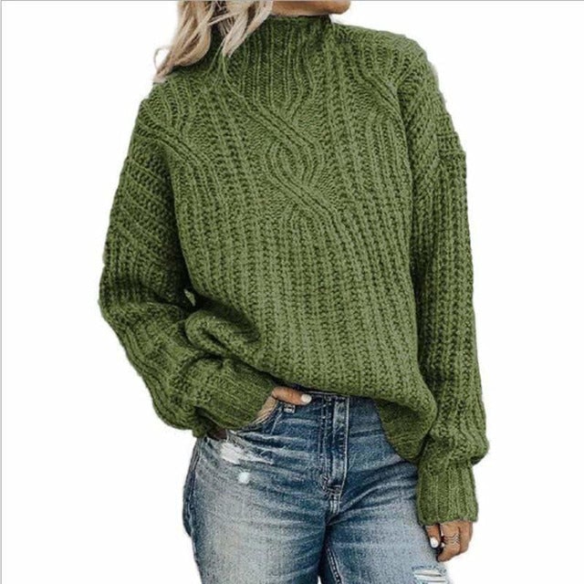 Women's Oversized Cable Knit Sweater with Mock Neck and Drop Shoulder - Image 5