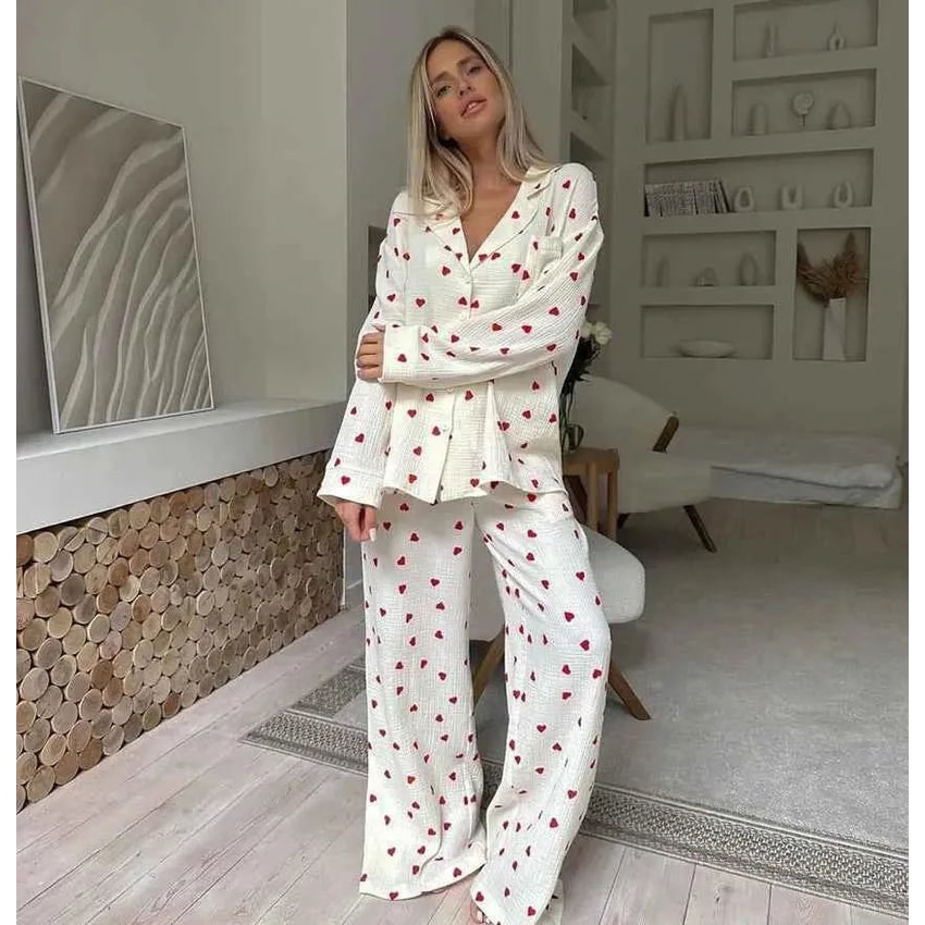 Women's Pajama Set with Cotton Gauze Heart Print and Wide Leg Pants - Image 1
