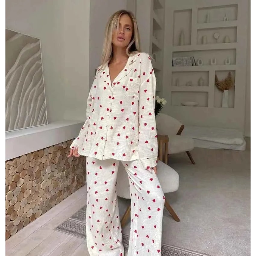 Women's Pajama Set with Cotton Gauze Heart Print and Wide Leg Pants - Image 2