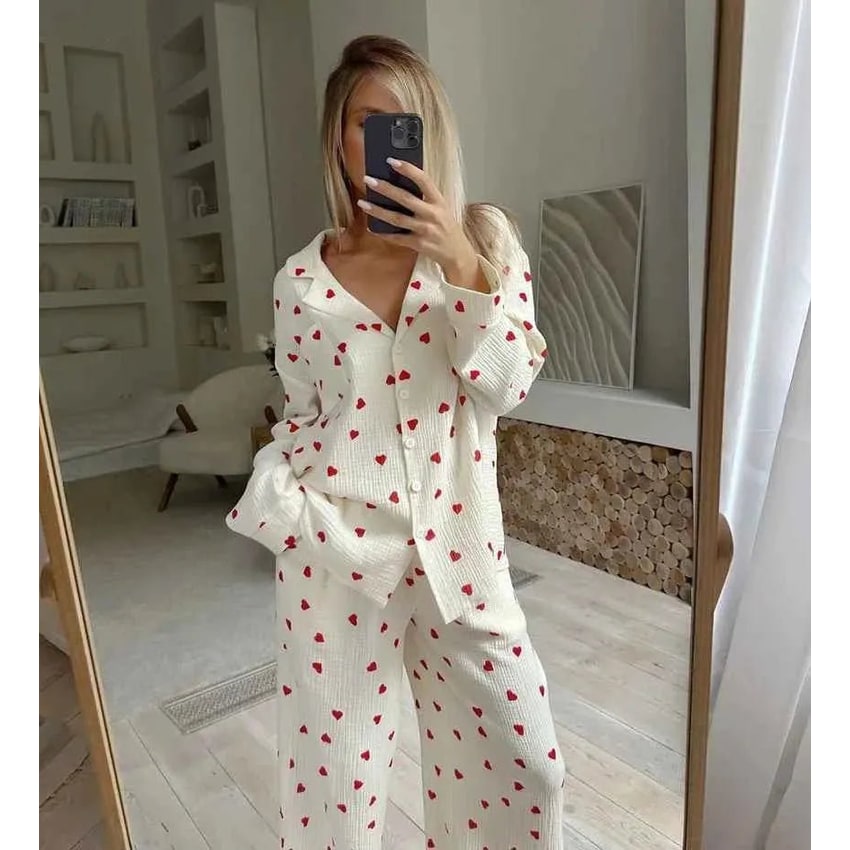 Women's Pajama Set with Cotton Gauze Heart Print and Wide Leg Pants - Image 3