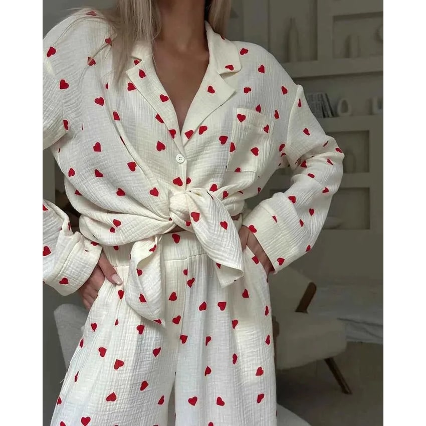 Women's Pajama Set with Cotton Gauze Heart Print and Wide Leg Pants - Image 4