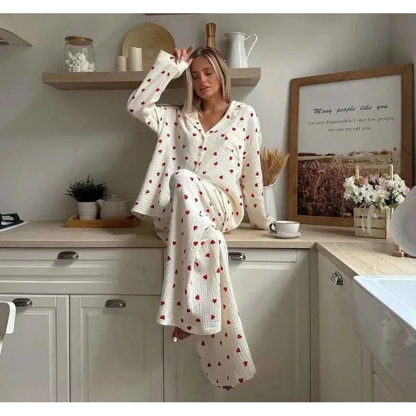 Women's Pajama Set with Cotton Gauze Heart Print and Wide Leg Pants - Image 5