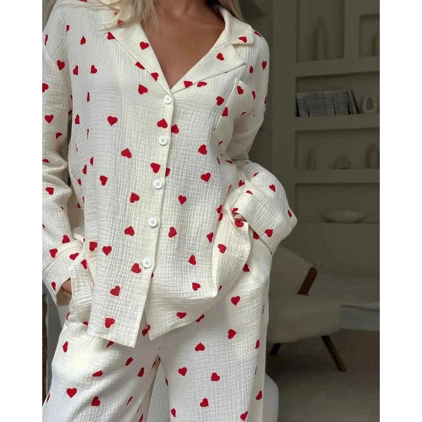 Women's Pajama Set with Cotton Gauze Heart Print and Wide Leg Pants - Image 6