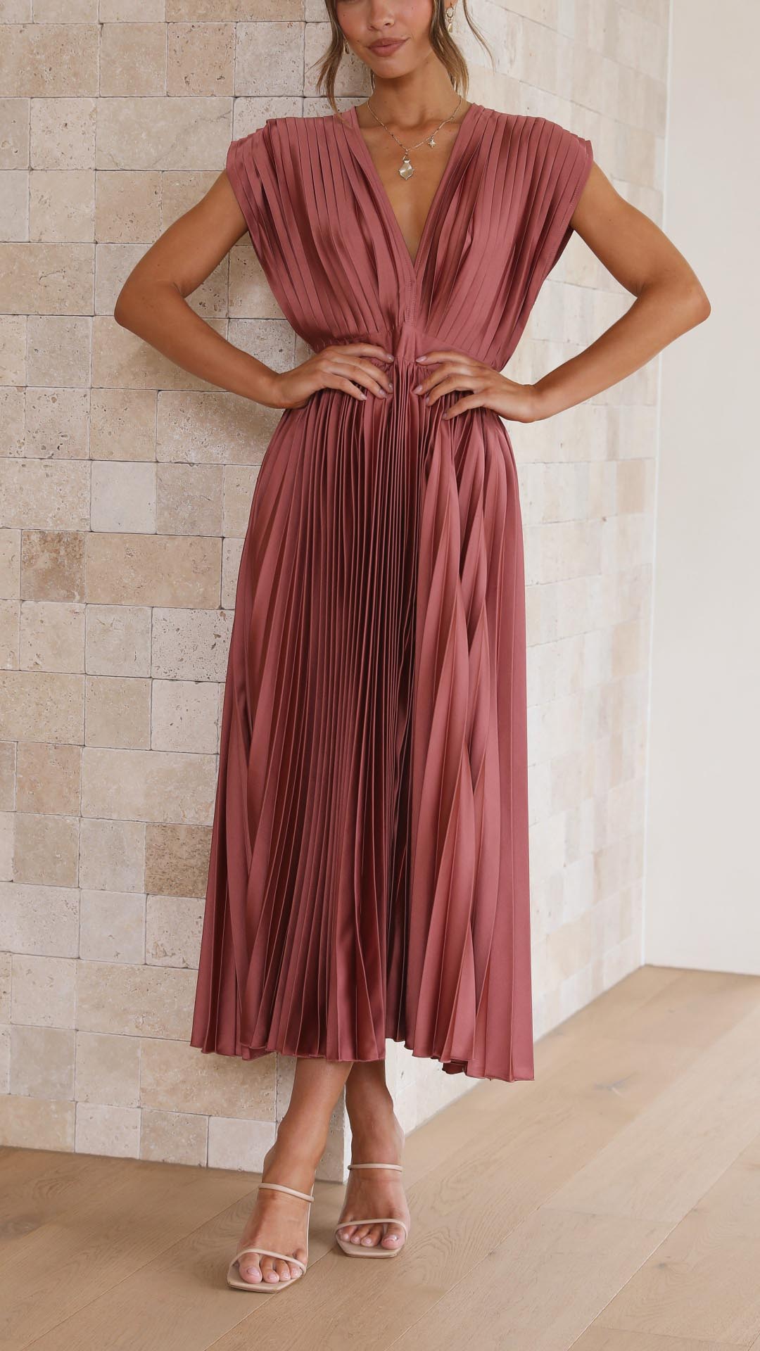 Kaitlyn | Women's V-Neck Pleated Midi Dress for Wedding Guests