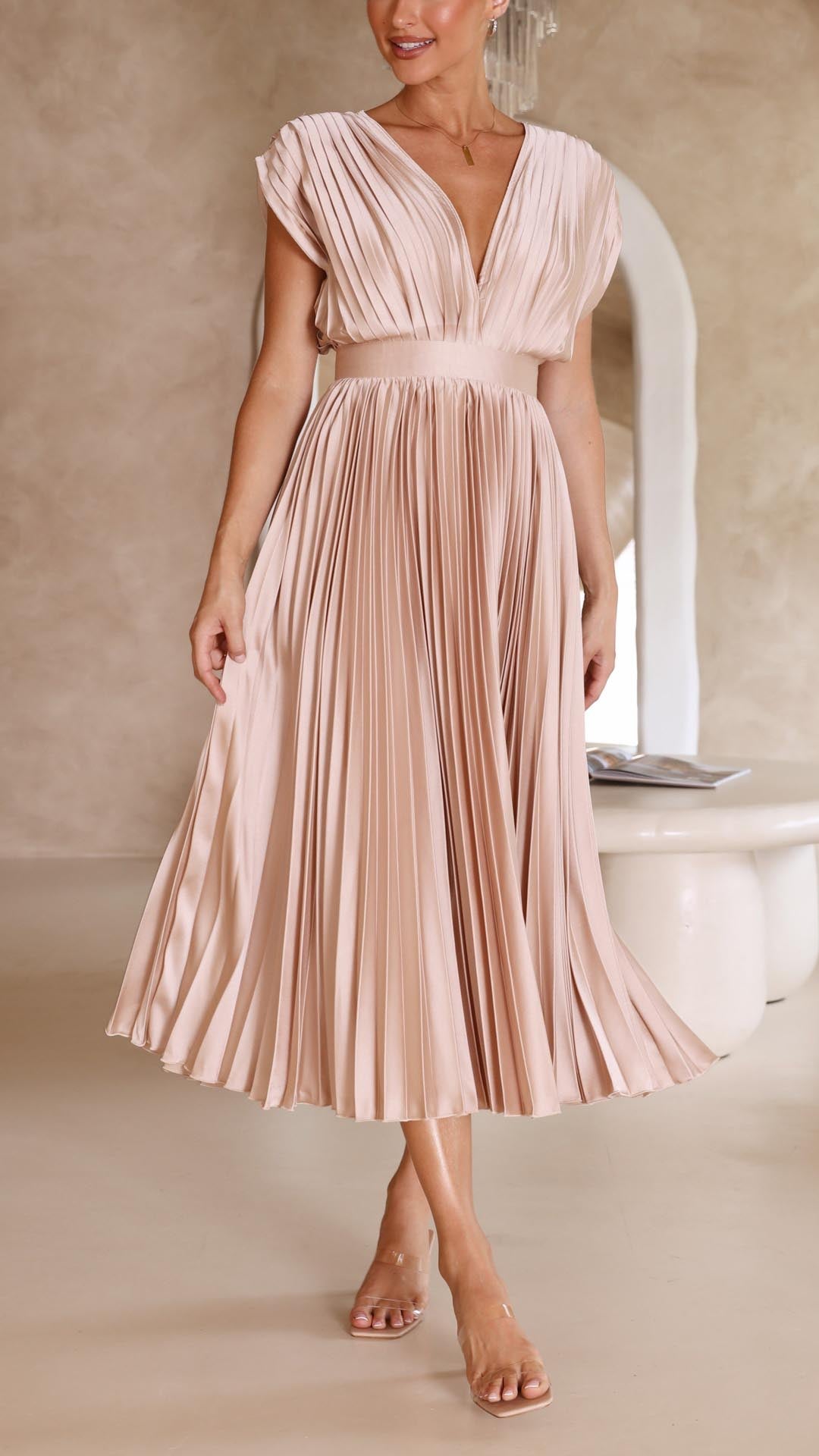 Kaitlyn | Women's V-Neck Pleated Midi Dress for Wedding Guests