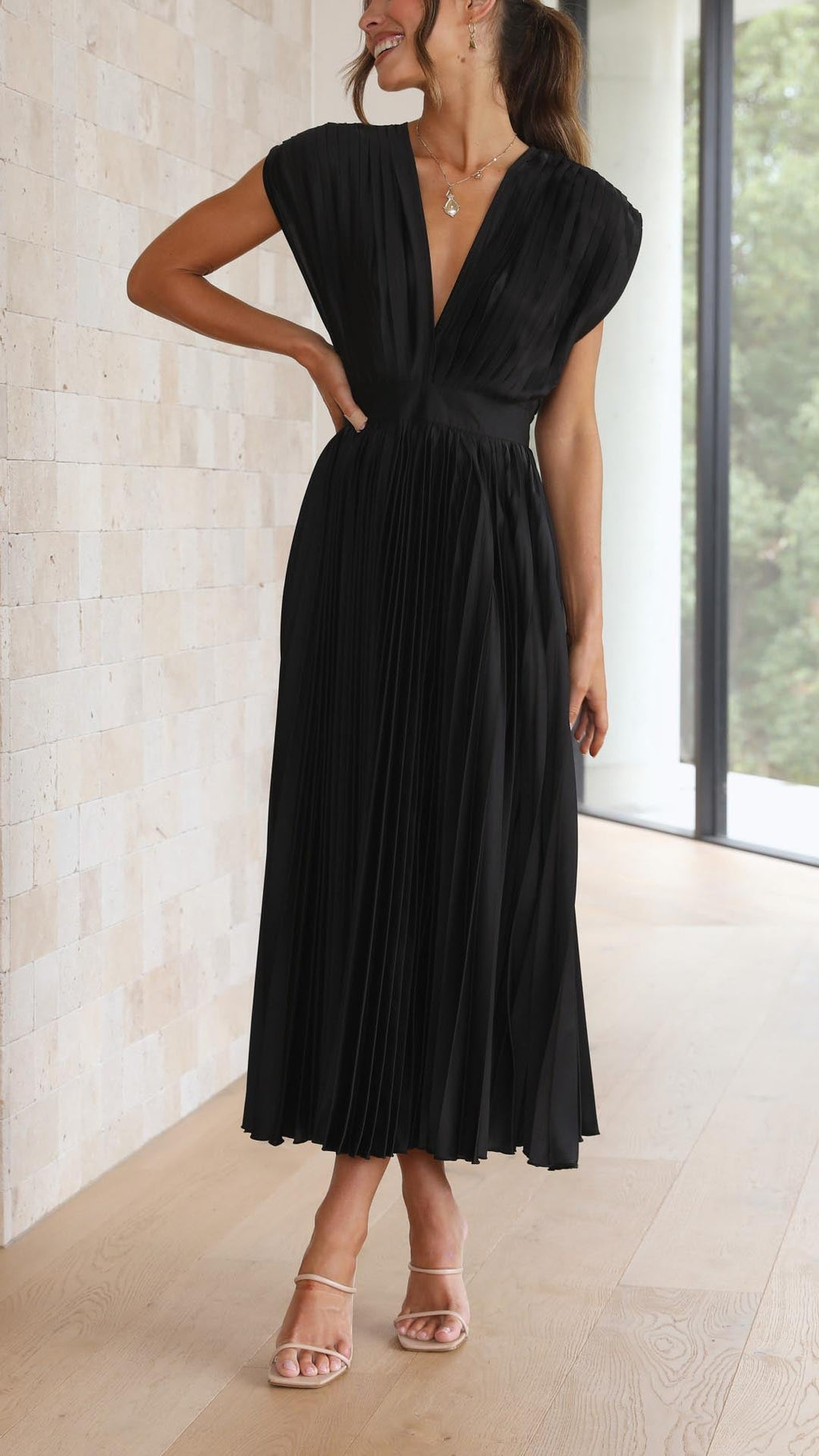 Kaitlyn | Women's V-Neck Pleated Midi Dress for Wedding Guests