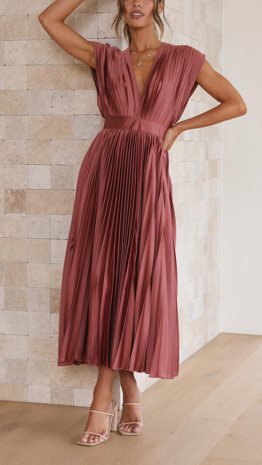 Kaitlyn | Women's V-Neck Pleated Midi Dress for Wedding Guests
