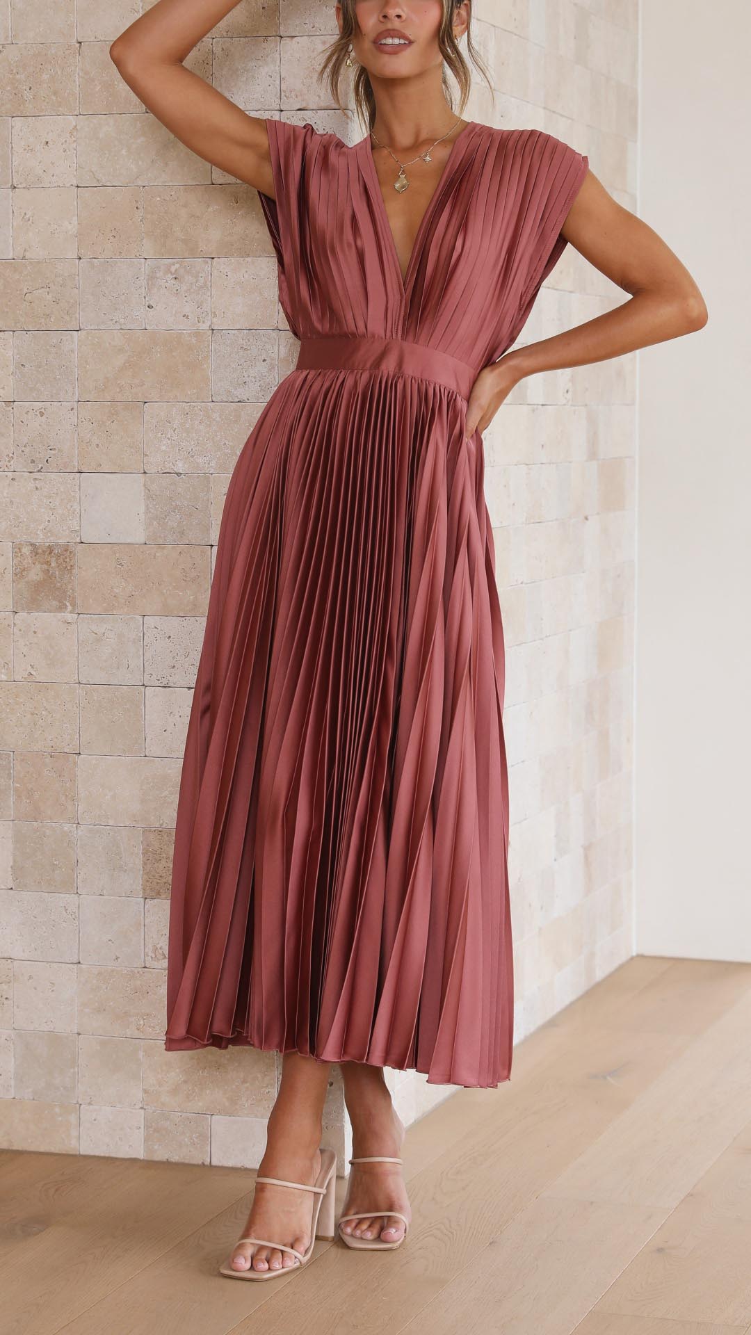 Kaitlyn | Women's V-Neck Pleated Midi Dress for Wedding Guests