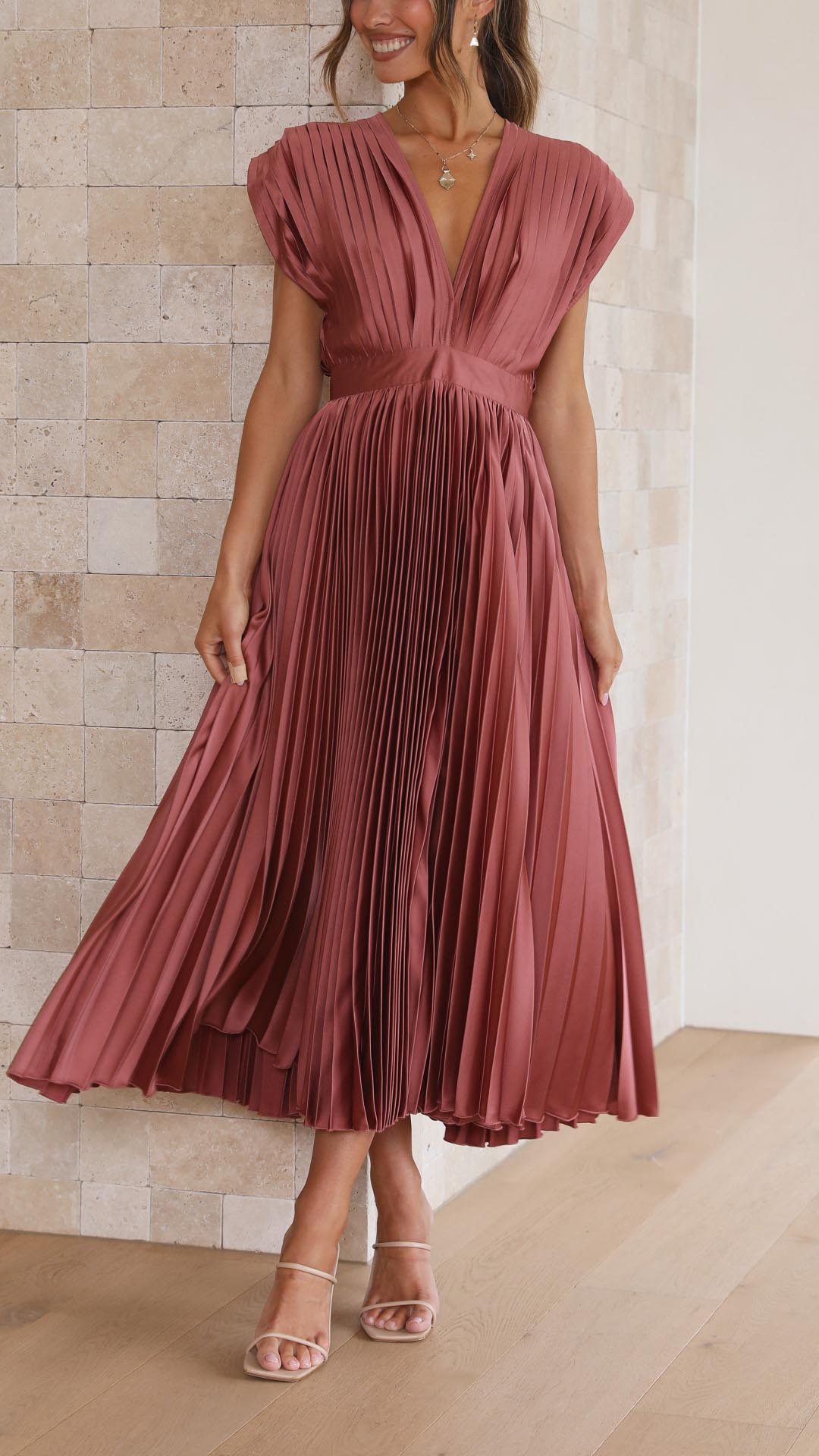 Kaitlyn | Women's V-Neck Pleated Midi Dress for Wedding Guests