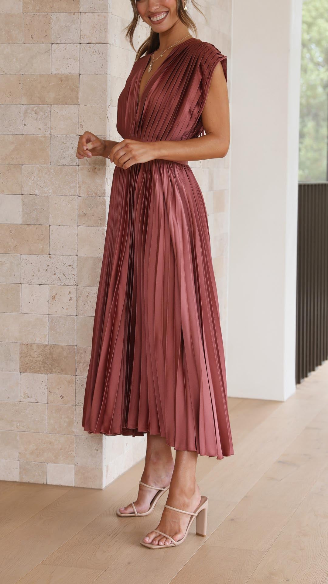 Kaitlyn | Women's V-Neck Pleated Midi Dress for Wedding Guests