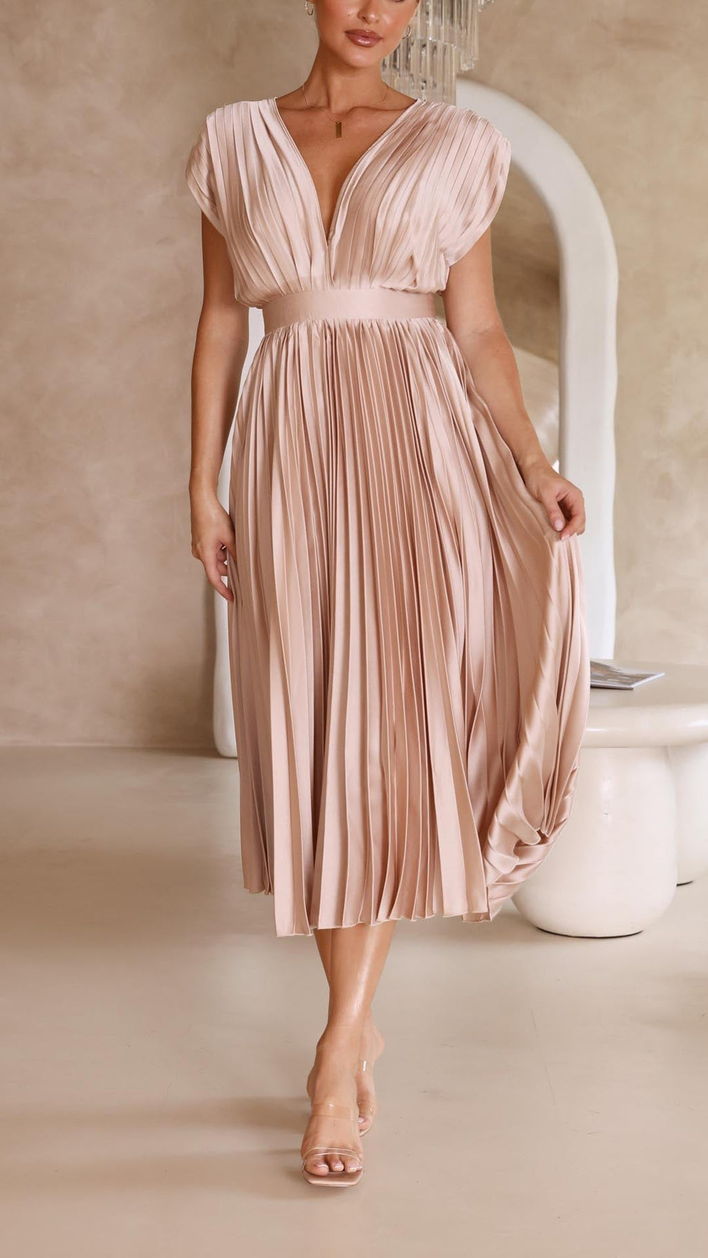 Kaitlyn | Women's V-Neck Pleated Midi Dress for Wedding Guests