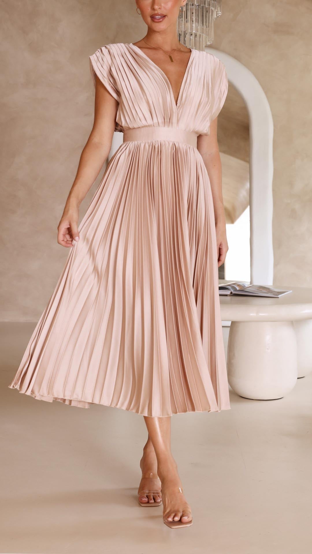 Kaitlyn | Women's V-Neck Pleated Midi Dress for Wedding Guests