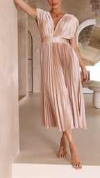Kaitlyn | Women's V-Neck Pleated Midi Dress for Wedding Guests