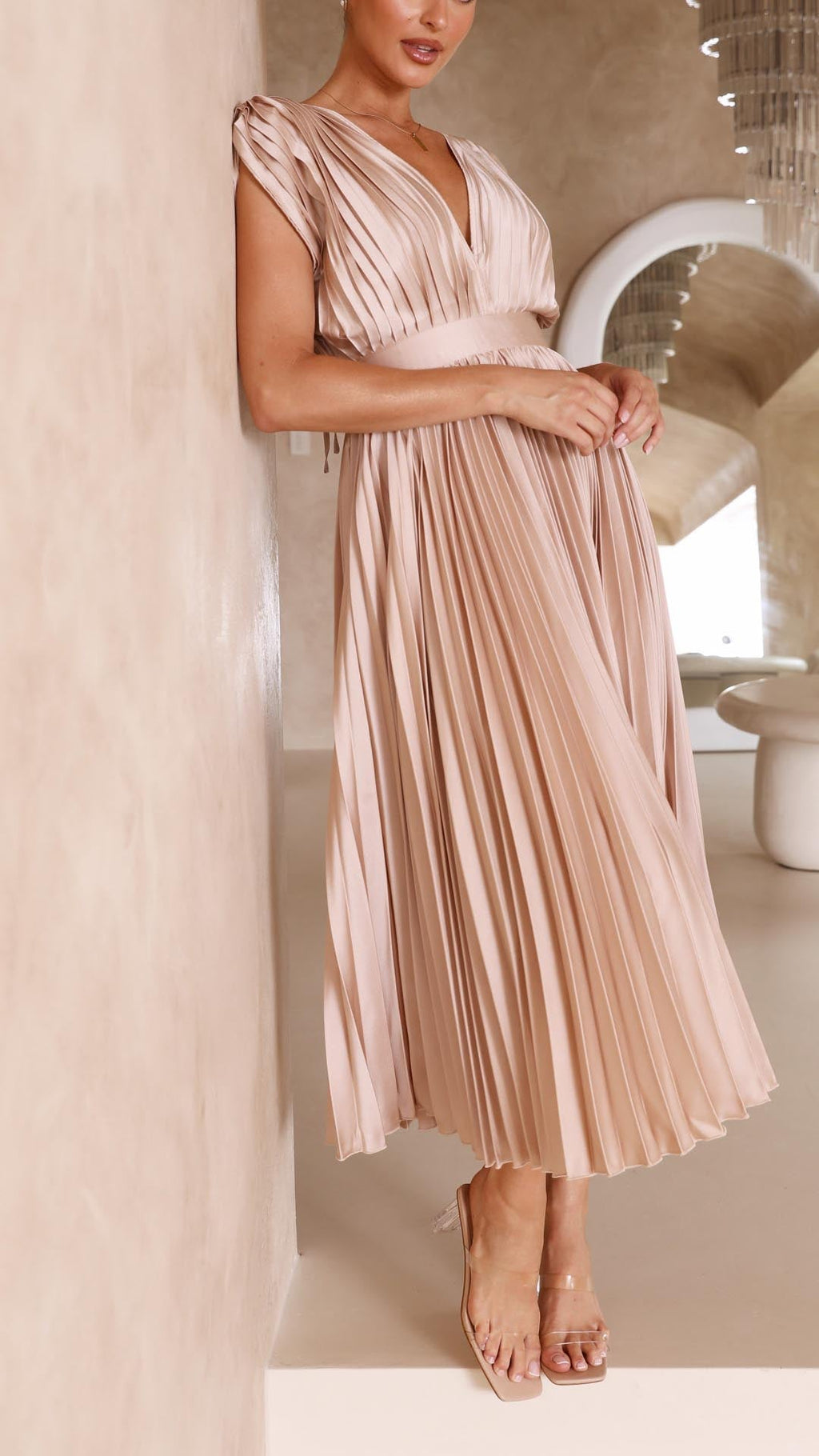 Kaitlyn | Women's V-Neck Pleated Midi Dress for Wedding Guests