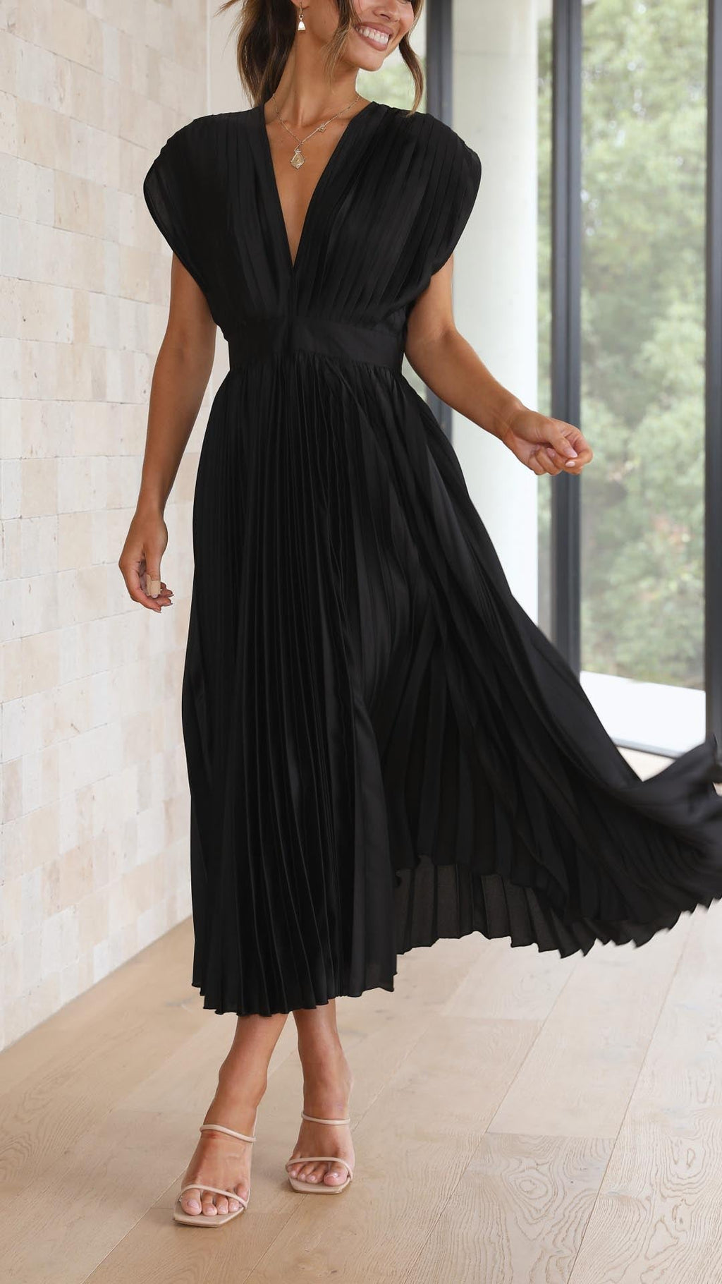 Kaitlyn | Women's V-Neck Pleated Midi Dress for Wedding Guests