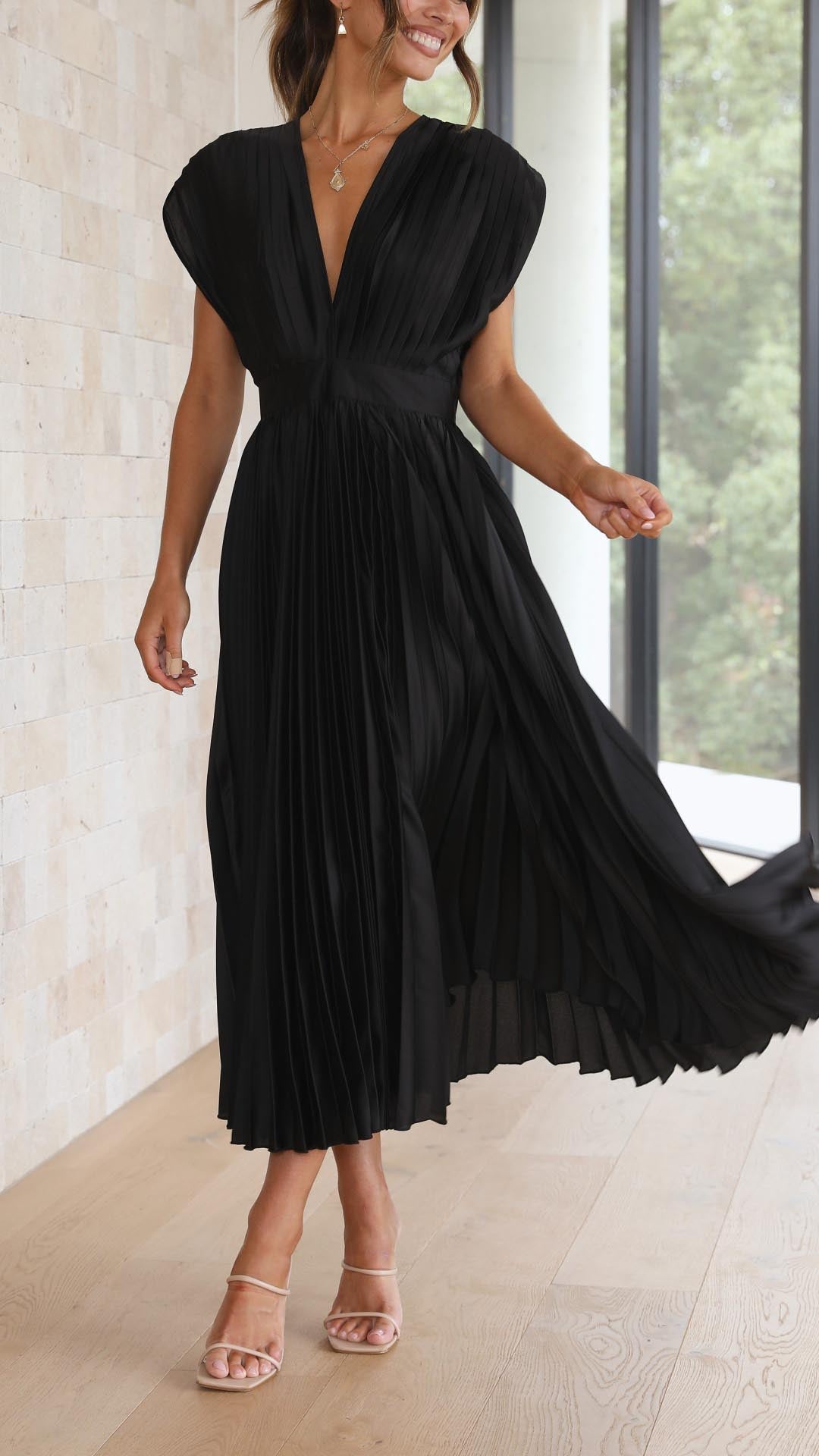 Kaitlyn | Women's V-Neck Pleated Midi Dress for Wedding Guests