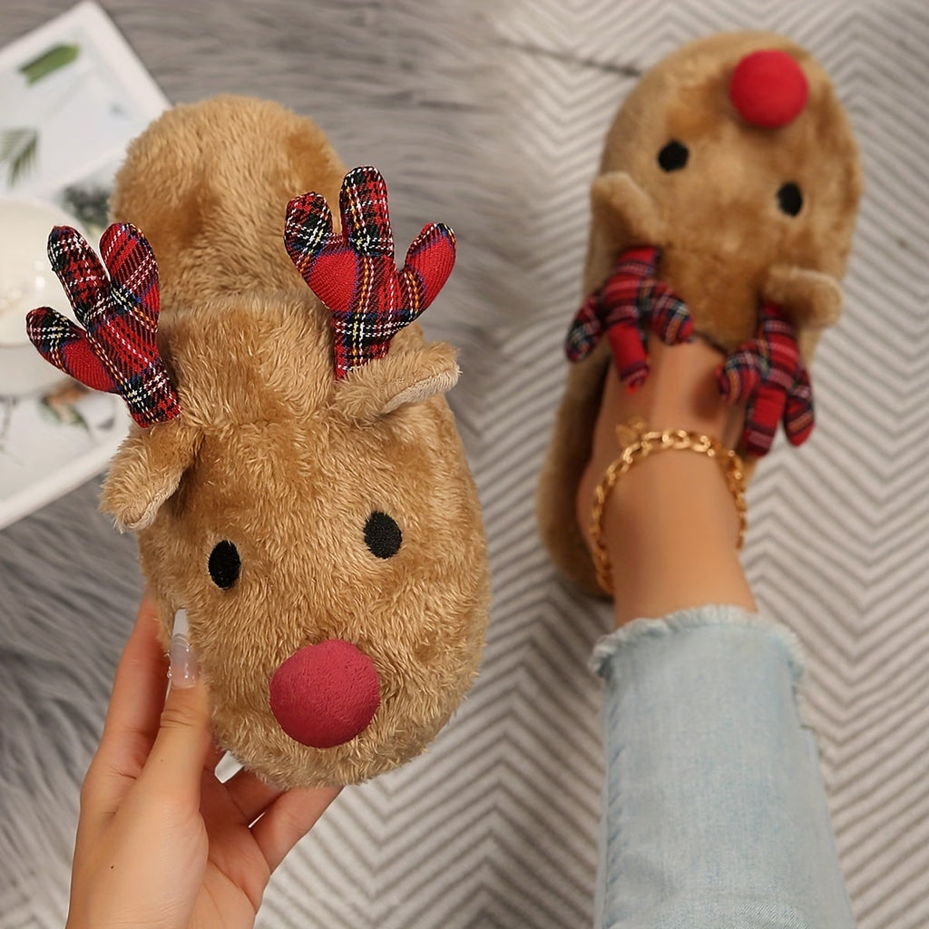 Women's Plush Reindeer House Slippers with Fuzzy Antlers and Pom-Pom Nose - Image 1