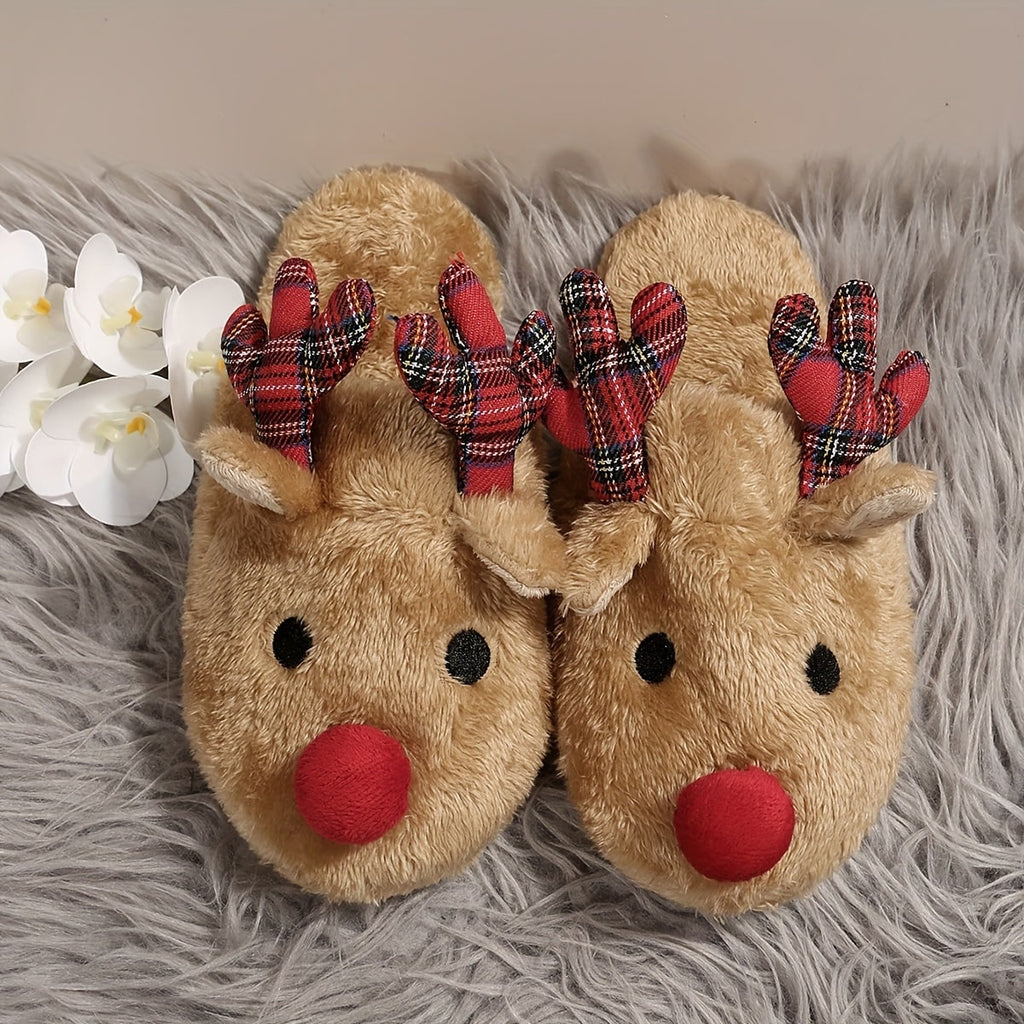 Women's Plush Reindeer House Slippers with Fuzzy Antlers and Pom-Pom Nose - Image 2