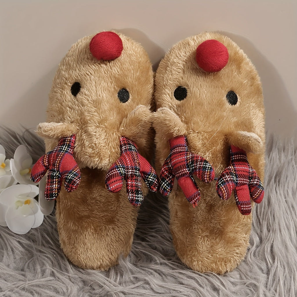Women's Plush Reindeer House Slippers with Fuzzy Antlers and Pom-Pom Nose - Image 3