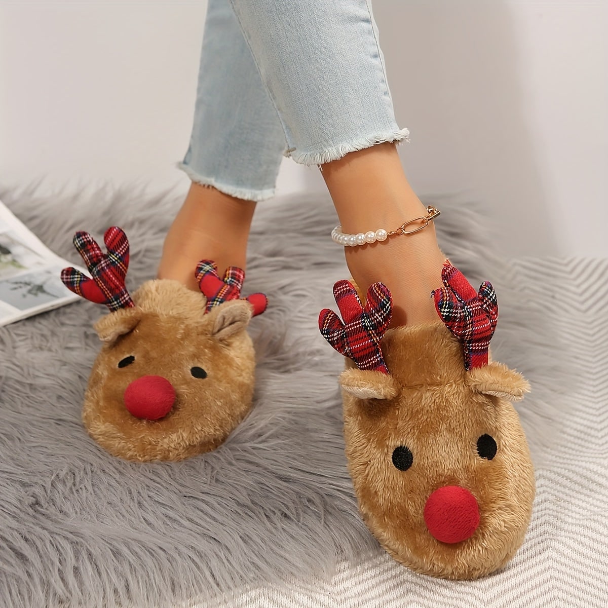 Women's Plush Reindeer House Slippers with Fuzzy Antlers and Pom-Pom Nose - Image 4