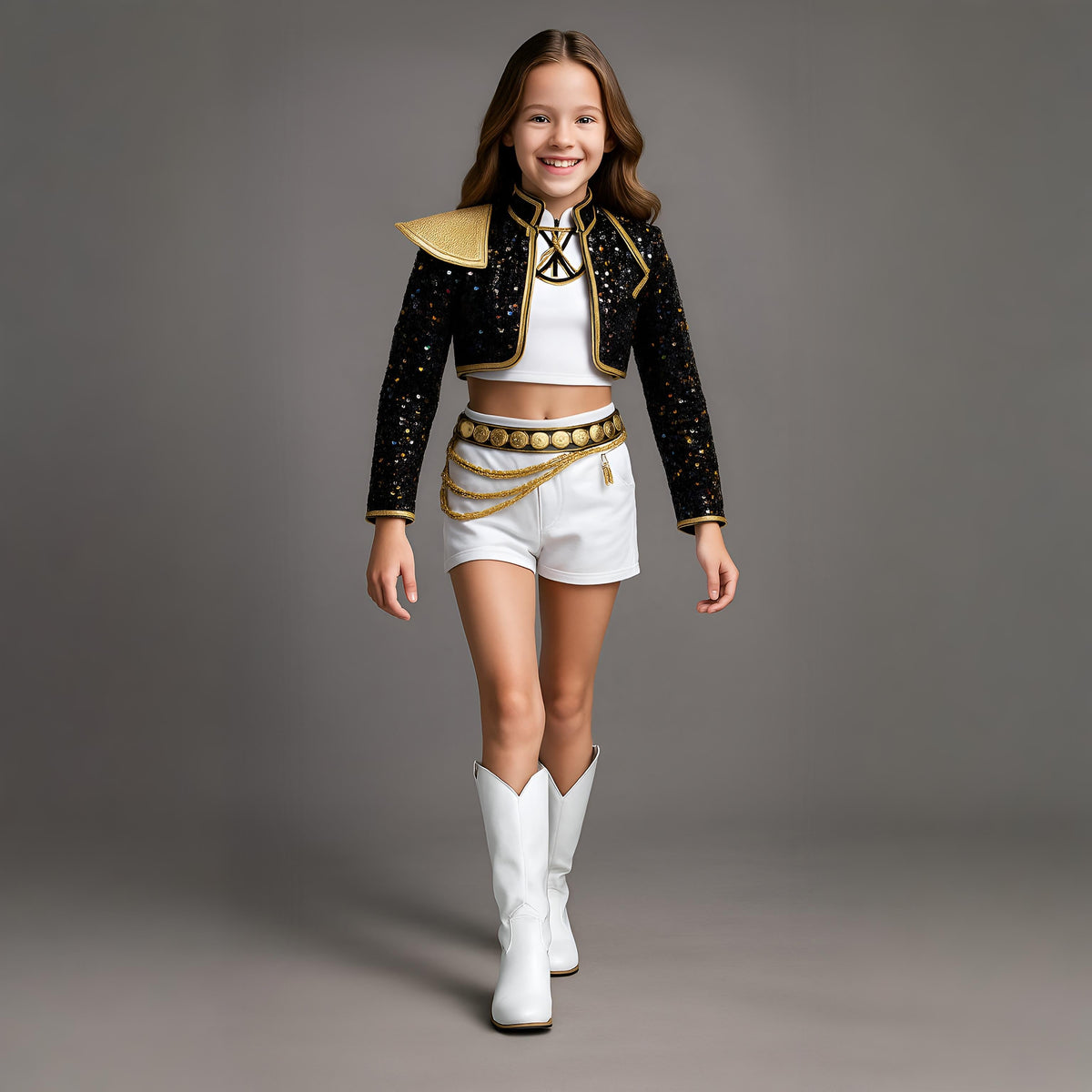 Women's Pop Star and Rock Costume Sequin Jacket Crop Top Shorts Set - Image 1