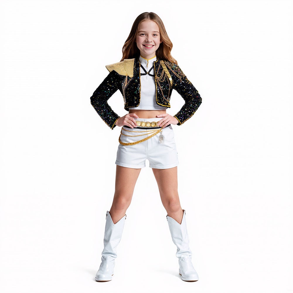 Women's Pop Star and Rock Costume Sequin Jacket Crop Top Shorts Set - Image 2