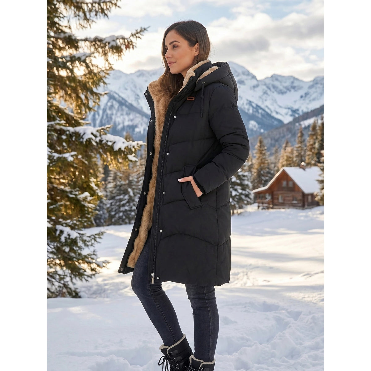 Women's Puffer Coat with Quilted Design and Sherpa-Lined Hood for Winter - Image 8