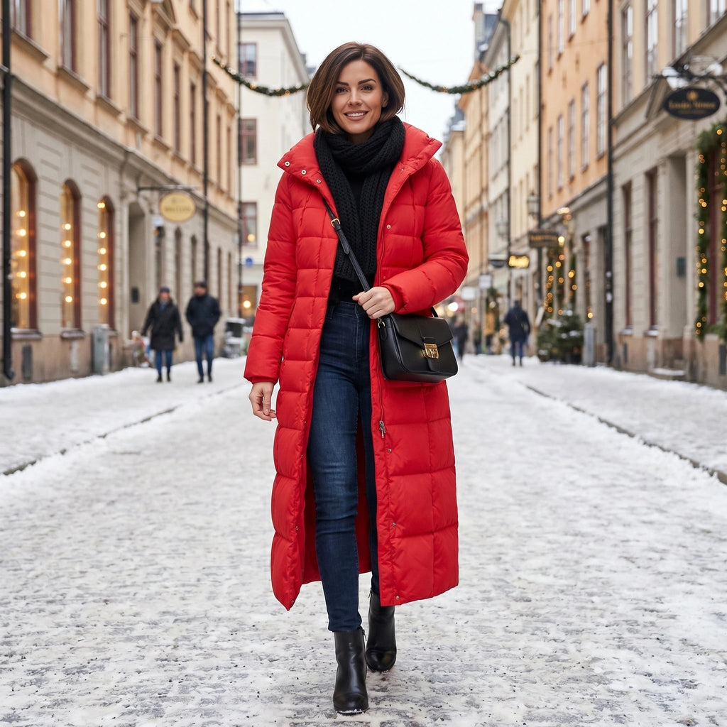 Women's Puffer Coat with Quilted Design Faux Fur Hood and Belted Waist - Image 2