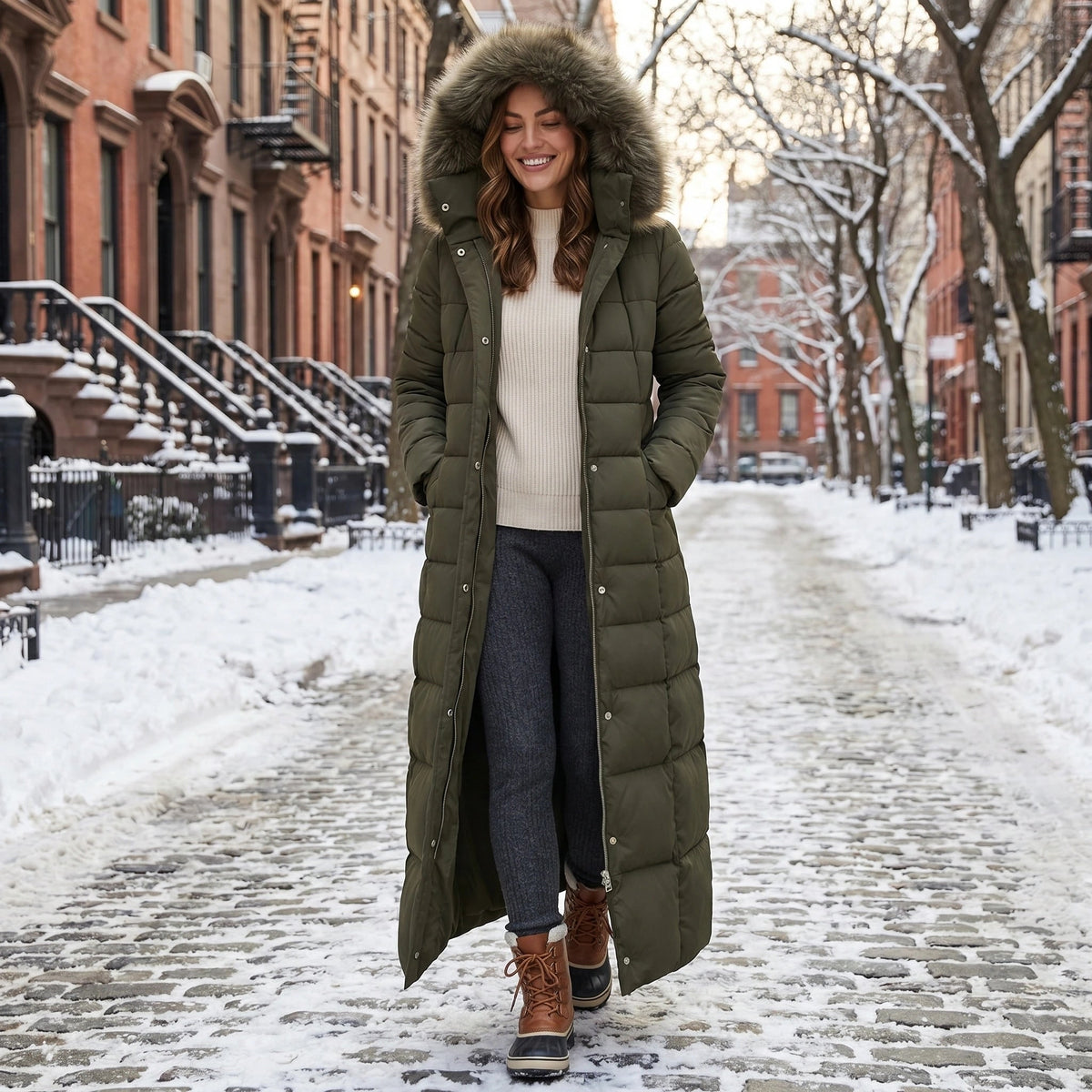 Women's Puffer Coat with Quilted Design Faux Fur Hood and Belted Waist - Image 3