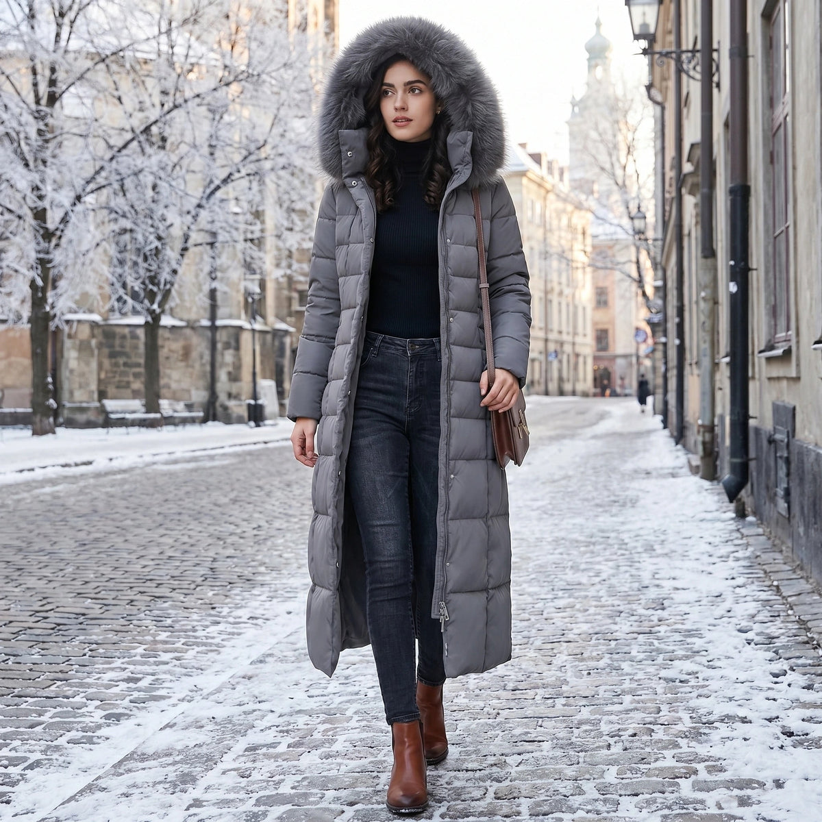 Women's Puffer Coat with Quilted Design Faux Fur Hood and Belted Waist - Image 4