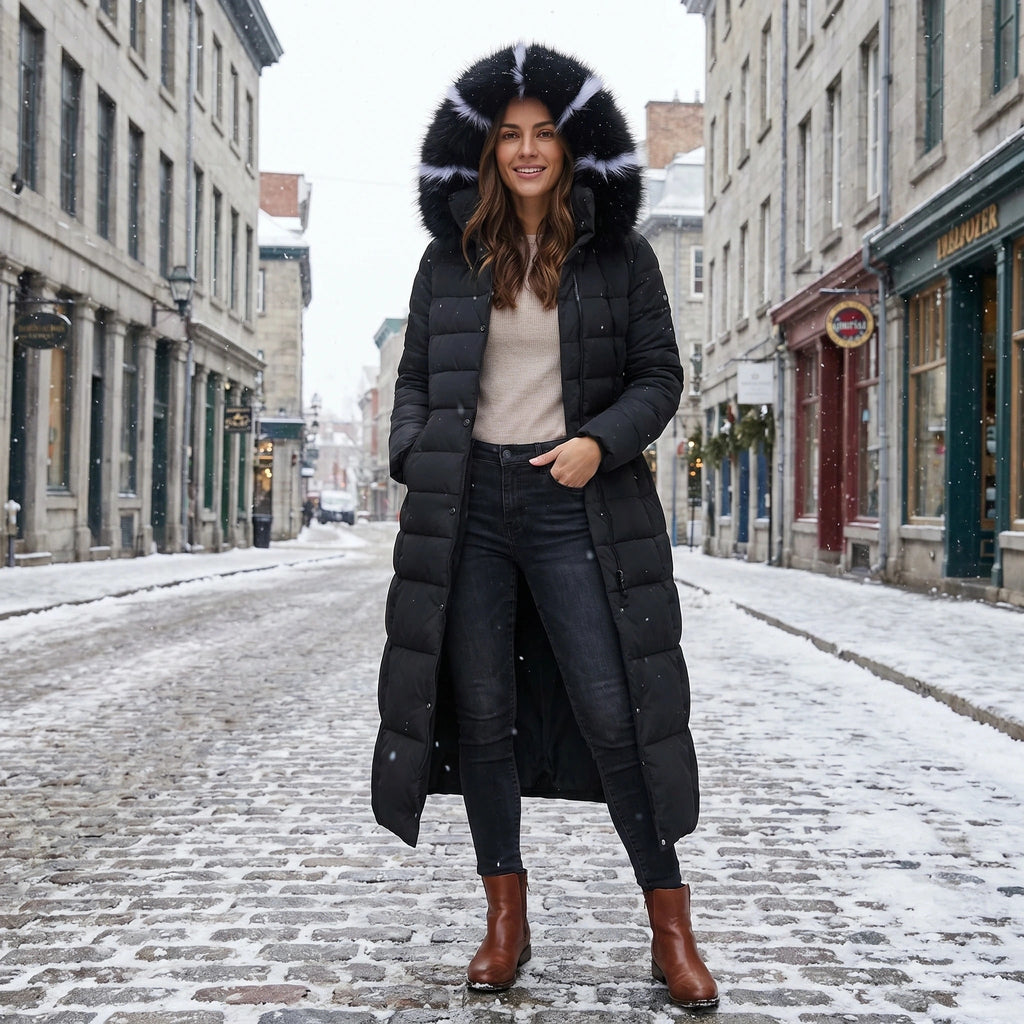 Women's Puffer Coat with Quilted Design Faux Fur Hood and Belted Waist - Image 5