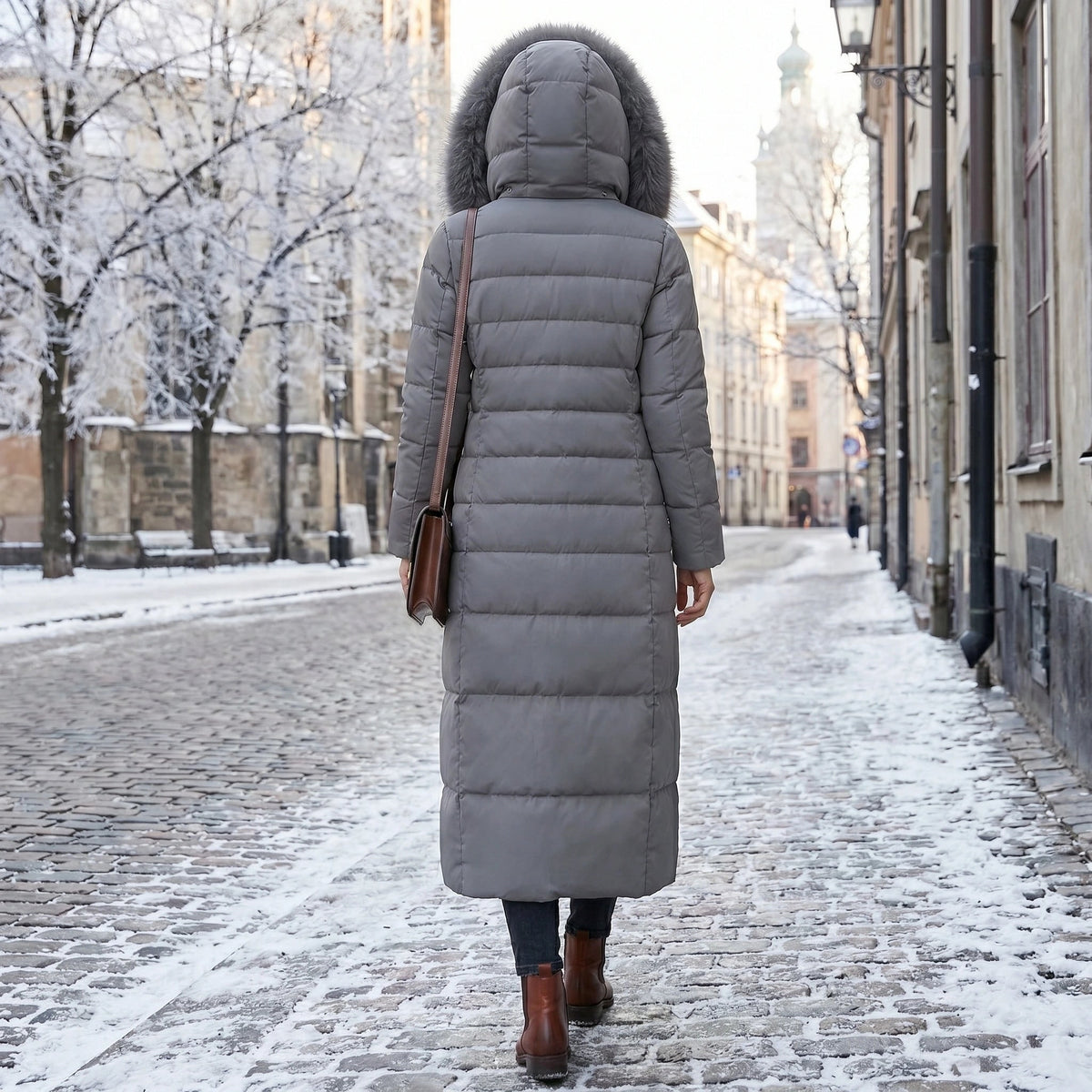 Women's Puffer Coat with Quilted Design Faux Fur Hood and Belted Waist - Image 7