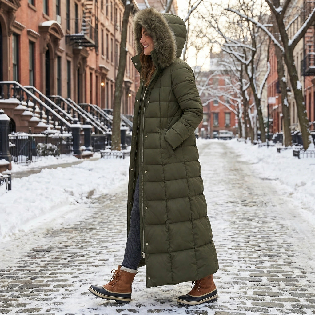 Women's Puffer Coat with Quilted Design Faux Fur Hood and Belted Waist - Image 8