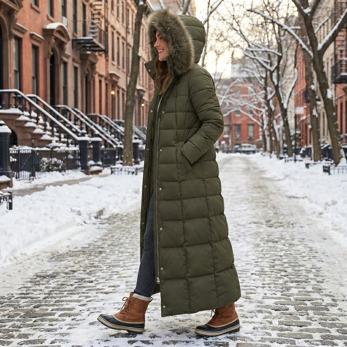 Women's Puffer Coat with Quilted Design Faux Fur Hood and Belted Waist - Image 8