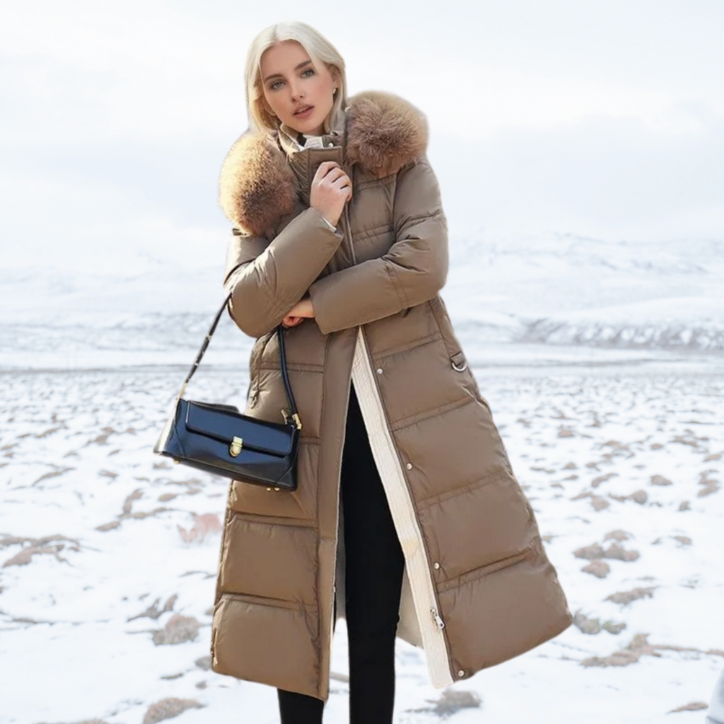 Women's Puffer Coat with Quilted Design Faux Fur Hood Long Length - Image 1