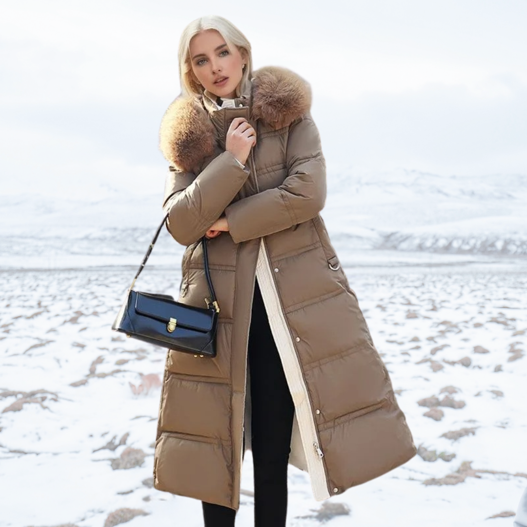Women's Puffer Coat with Quilted Design Faux Fur Hood Long Length - Image 1