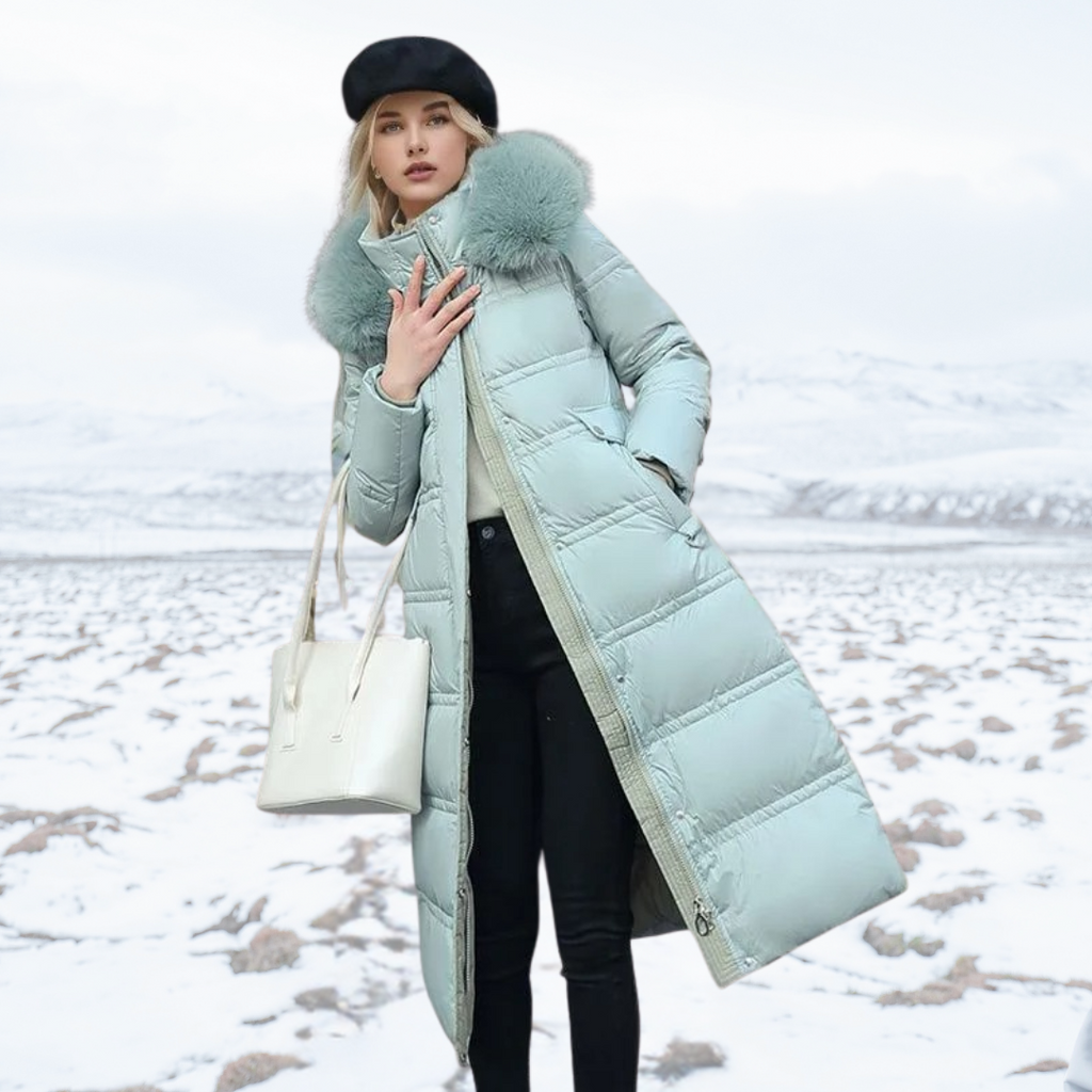 Women's Puffer Coat with Quilted Design Faux Fur Hood Long Length - Image 10