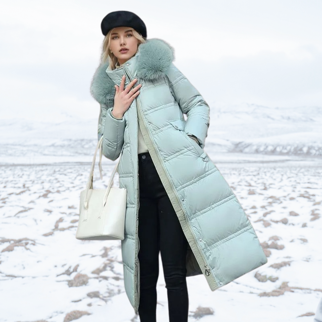 Women's Puffer Coat with Quilted Design Faux Fur Hood Long Length - Image 10