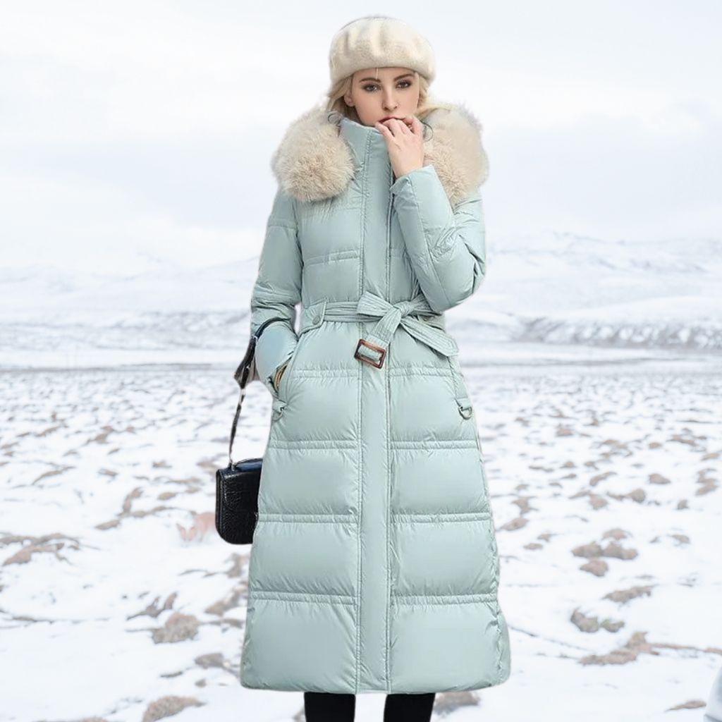 Women's Puffer Coat with Quilted Design Faux Fur Hood Long Length - Image 11