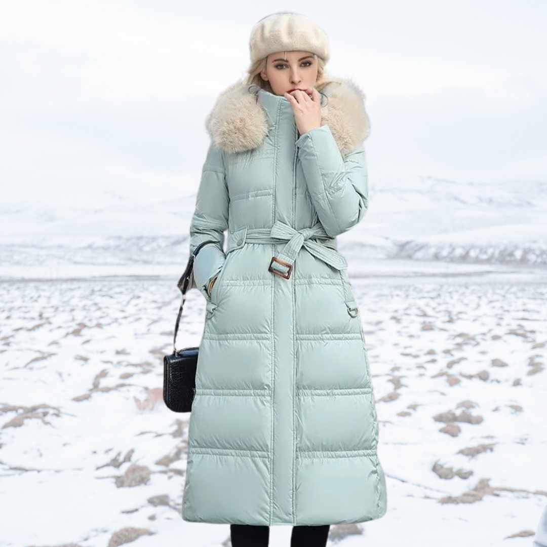 Women's Puffer Coat with Quilted Design Faux Fur Hood Long Length - Image 11