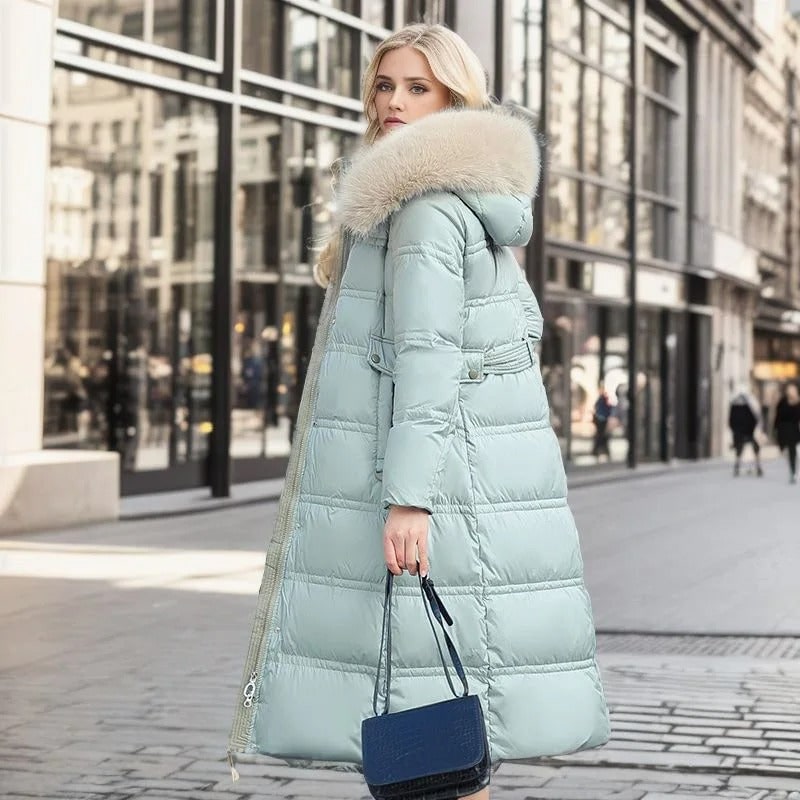 Women's Puffer Coat with Quilted Design Faux Fur Hood Long Length - Image 12