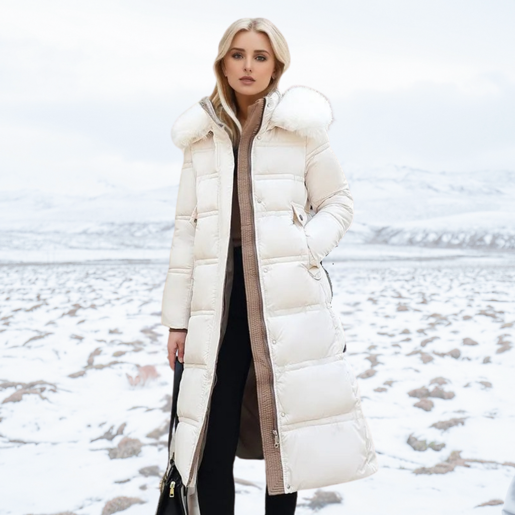 Women's Puffer Coat with Quilted Design Faux Fur Hood Long Length - Image 13