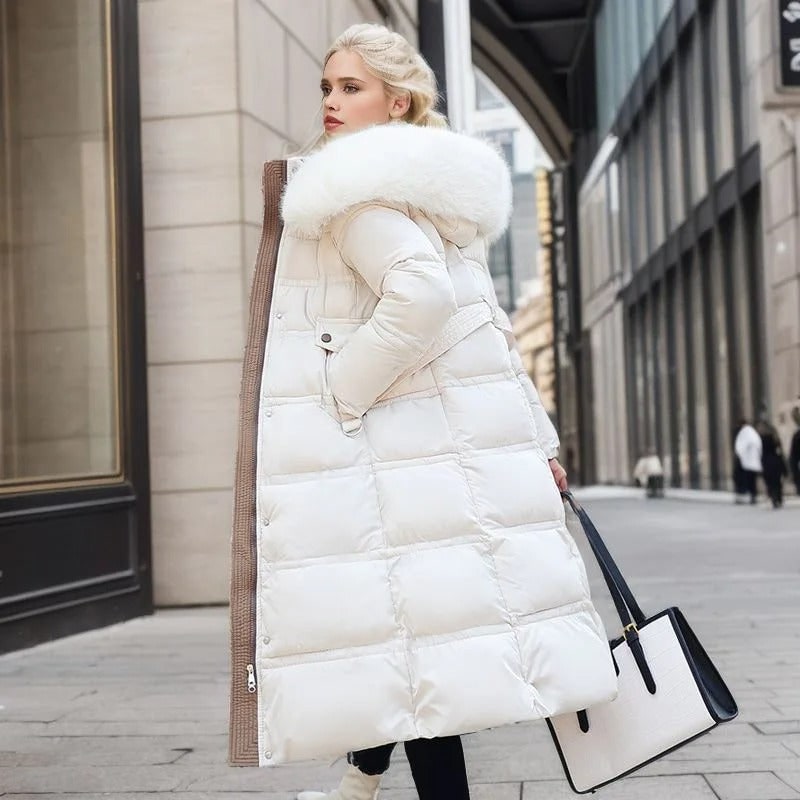 Women's Puffer Coat with Quilted Design Faux Fur Hood Long Length - Image 14