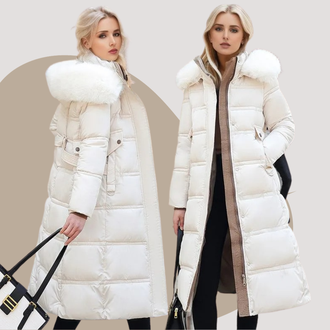 Women's Puffer Coat with Quilted Design Faux Fur Hood Long Length - Image 18