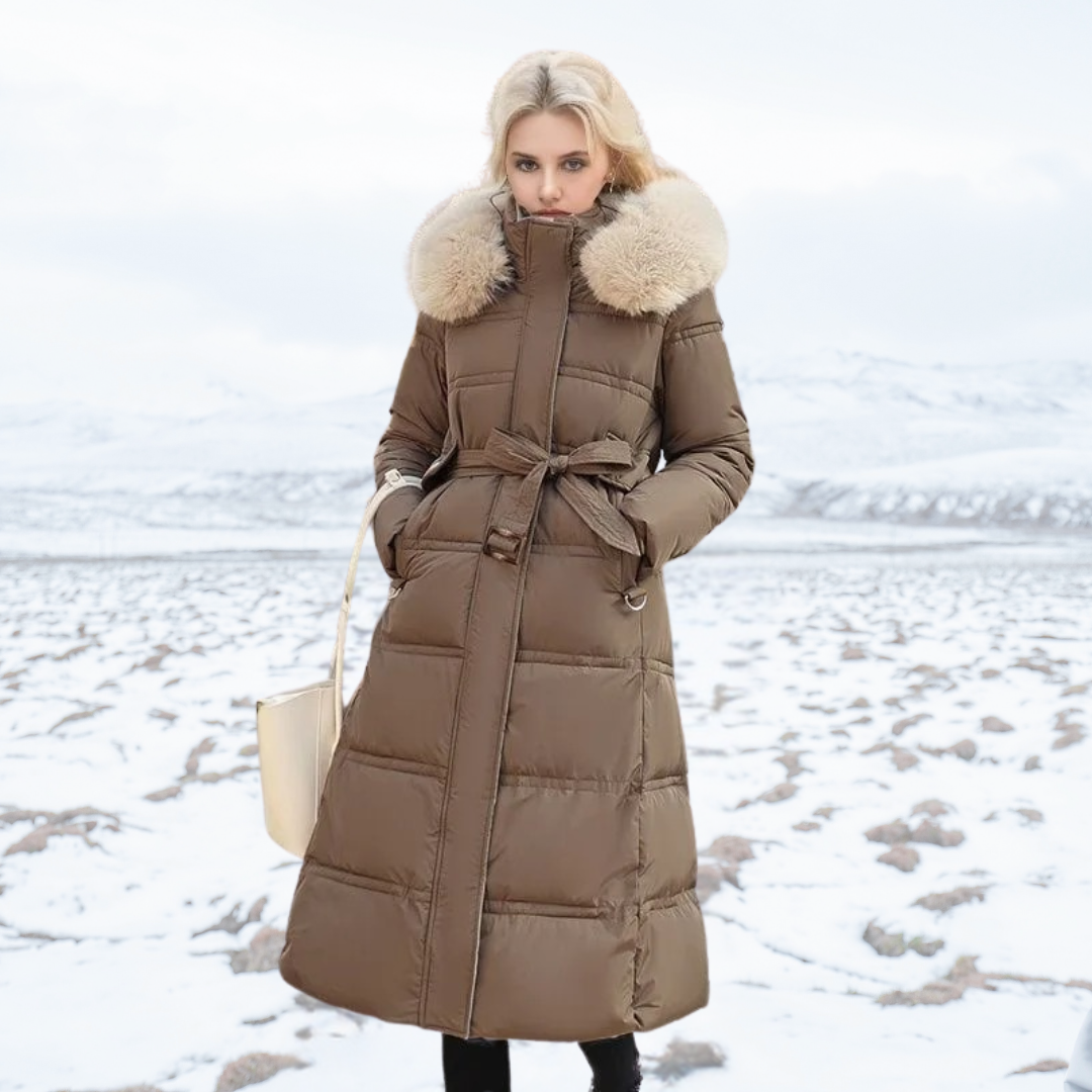 Women's Puffer Coat with Quilted Design Faux Fur Hood Long Length - Image 2