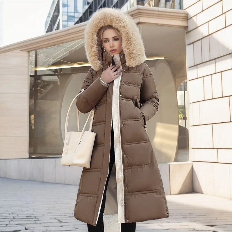 Women's Puffer Coat with Quilted Design Faux Fur Hood Long Length - Image 3